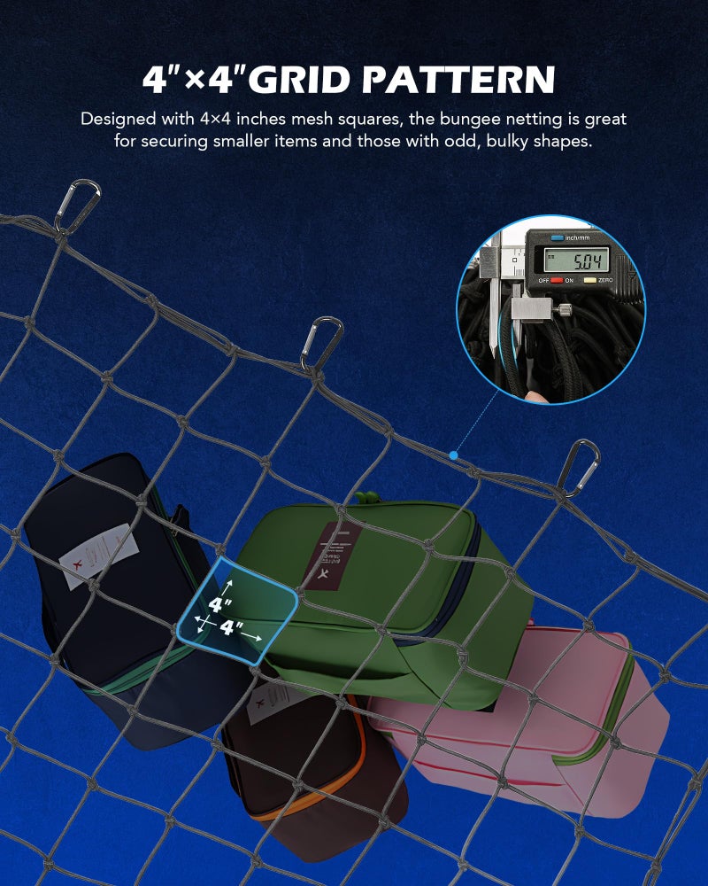 Orion Motor Tech Heavy Duty Cargo Net, 3' x 4' Bungee Cord Net Stretches to 6' x 8' for Pickups SUVs Vans Semis, Truck Bed Roof Rack Trailer Netting with Handmade Knotting 12 Carabiners Storage Bag - Image 3